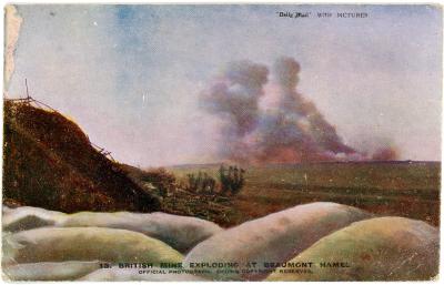 First World War Postcard ‘British Mine Exploding at Beaumont Hamel’ sent from Pte. Edward Charles MOUCHEMORE, 6351