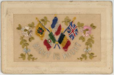 First World War Silk Postcard with ‘Right is Might’ from Edward (Ted) PERRY, RAMC