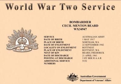 World War 2, Western Australia, Rottnest Island Enlistments, WX34947 BEARDMAN, 1942