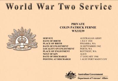 World War 2, Western Australia, Rottnest Island Enlistments, WX33239 FERNIE, 1942