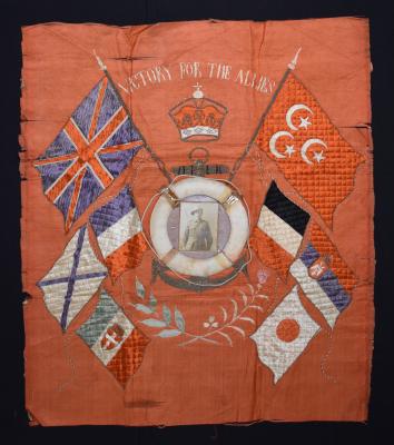 First World War 'Victory for the Allies' Patriot Souvenir Cloth with Black and White Photographic Postcard of Unknown Soldier