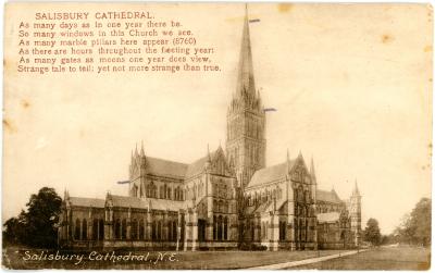 First World War Postcard ‘Salisbury Cathedral’ sent from Pte. Edward Charles MOUCHEMORE, 6351