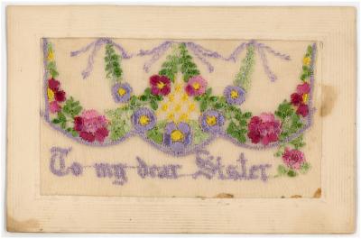 First World War ‘To my dear Sister’ Silk Postcard from Edward (Ted) PERRY, RAMC
