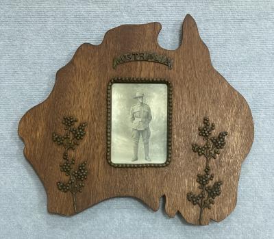 WWI Australian soldier portrait in timber frame in shape of Australia