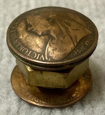 Victorian era circular threaded snuff container made from coins