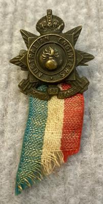 Sweetheart brooch made from Australian Engineers collar badge with attached patriotic ribbon