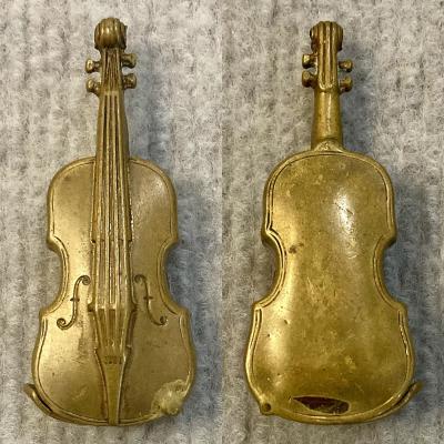 Antique brass vesta case in shape of violin