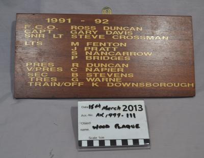 PLAQUE, COMMEMORATIVE - ARMADALE WEST VOLUNTEER BUSHFIRE BRIGADE OFFICE BEARERS 1991-92