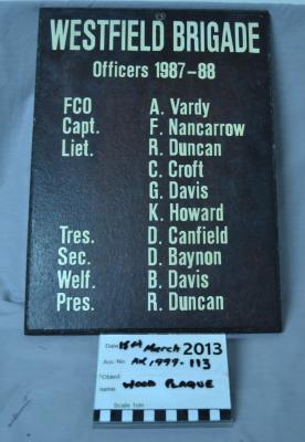PLAQUE, COMMEMORATIVE - OFFICE BEARERS WESTFIELD VOLUNTEER BUSHFIRE BRIGADE
