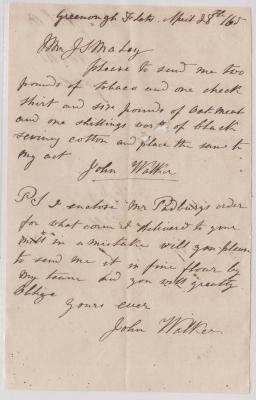 Letter  to John Maley from John Walker