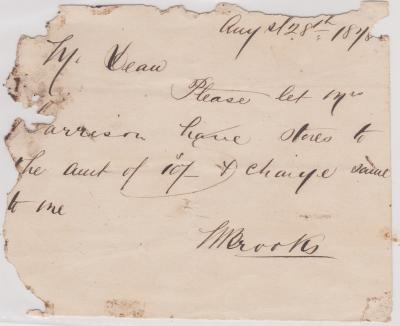 Promissory note for Mrs Harrison from W. Brooks