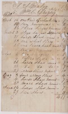 Invoice for blacksmith work from W.C. Gregory