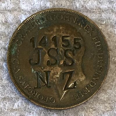 WWI identity disc made from a coin for John Stephen Shimmin, N.Z.E.F.
