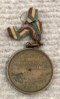 War Service medal from South Australian P.M.G. Department presented to Walter Frederick Scriven
