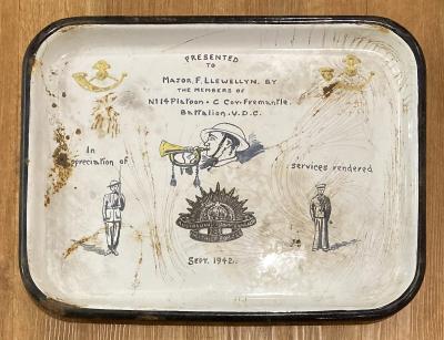 Enamel tray presented to Volunteer Defence Corps (V.D.C.) Major F. Llewellyn