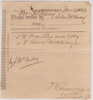 Crowther Cart note dated 14/11/1874, by John McCarley