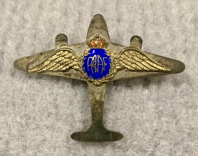 Royal Australian Air Force gold tone and enamel sweetheart brooch attached to sterling silver plane