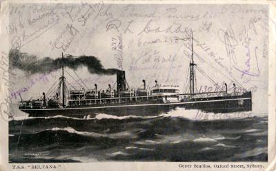 Signed postcard of WWI transport ship HMAT A72 Beltana 