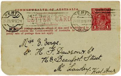 First World War Letter Card sent to Miss Vera VERGE