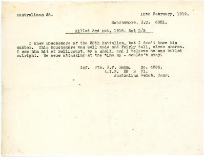 First World War Letter on the Death of Pte. Edward Charles MOUCHMORE, 6351