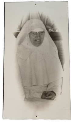 Large black and white portrait of Sister Rosanne Fox RSM