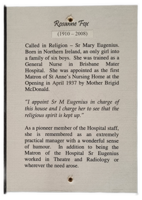 Woodblock-print of description of Sister Rosanne Fox RSM