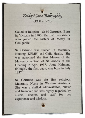 Woodblock-print of description of Bridget Jane (Sister Gertrude) Willoughby RSM