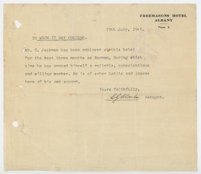 Reference Letter from 'Freemasons Hotel, Albany' for Charles Fredrick JACKMAN
