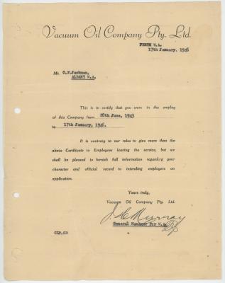 Reference Letter from ‘Vacuum Oil Company Pty Ltd’ for Charles Frederick JACKMAN