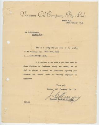 Duplicate Reference Letter from ‘Vacuum Oil Company Pty Ltd’ for Charles Frederick JACKMAN