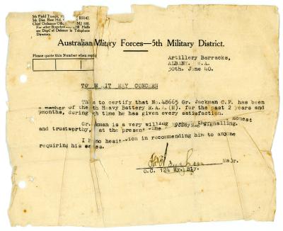 Second World War 'Reference Letter' for Gunner Charles Frederick JACKMAN, W17457