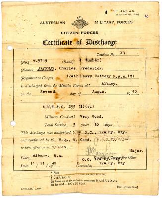 Second World War 'Discharge Certificate' issued to Gunner Charles Frederick JACKMAN, W17457