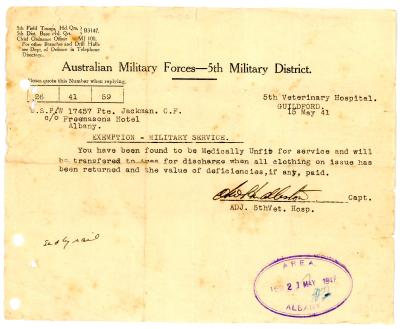 Second World War 'Letter of Exemption from Military Service' for Private Charles Frederick JACKMAN, W17457 