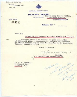 Second World War 'Discharge Letter' for Private Charles Frederick JACKMAN, W17457                                                    