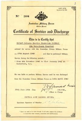 Second World War 'Certificate of Service and Discharge' for Private Charles Frederick JACKMAN, W17457