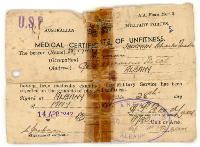 Second World War 'Medical Certificate of Unfitness' for Charles Frederick JACKMAN, W17457