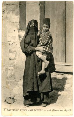 First World War Postcard of ‘Egyptian Types and Scenes - Arab Woman and Boy’, Egypt