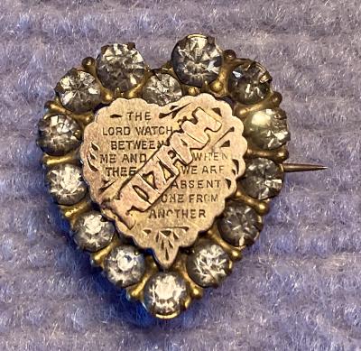 Antique heart shaped Mizpah brooch with rhinestones and gold detailing