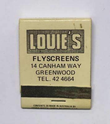 Matchbook, rectangle, Louie's Flyscreens
