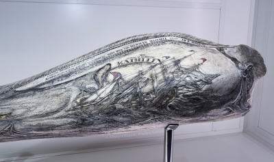 SCRIMSHAW CARVED WHALE JAWBONE with 22 scrimshaw teeth