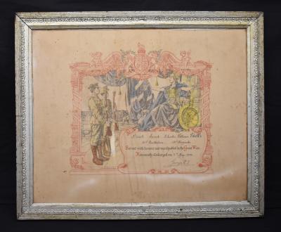 First World War Framed ‘Certificate of Discharge’ Issued to Pte. Charles William FIEDLER, 3326