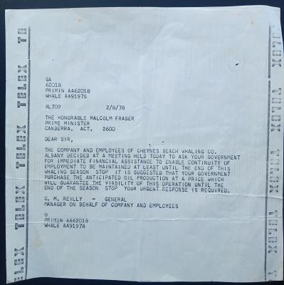 TELEX TO PRIME MINISTER MALCOME FRASER