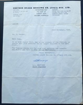 Letter to staff-Redundancy due to closure 1978