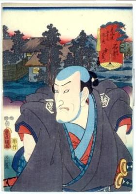 Portrait of Kabuki actor set against landscape