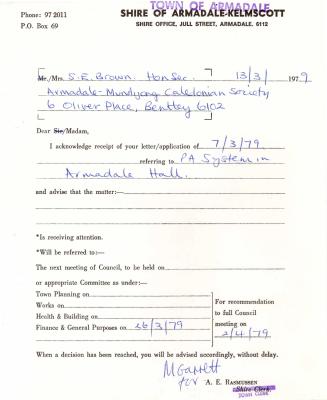 RECEIPT TO S.E. BROWN - ACKNOWLEDGEMENT OF P.A. SYSTEM ENQUIRY