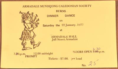 TICKET - ARMADALE MUNDIJONG CALEDONIAN SOCIETY BURNS DINNER DANCE