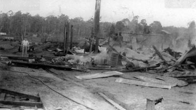 Jarrahwood Mill - day after it burnt down. 24/3/1950