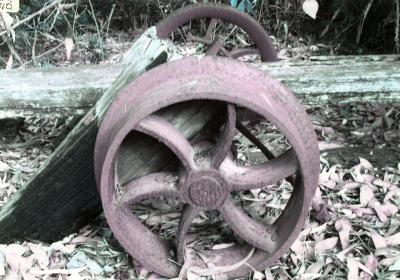 Rolling stock wheels which used to run on the wooden tramway at Dellerton siding - on display Lions Park Nannup 25/2/2015