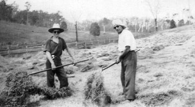 Haymaking on Pearson's farm East Nannup. December 1940. Alex Pearson & Uncle Frank Pearson