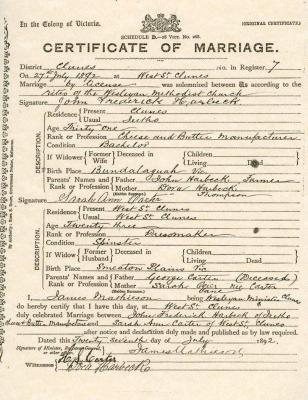 Marriage Certificate John & Sarah (nee Carter) Harbeck. 27th July 1892